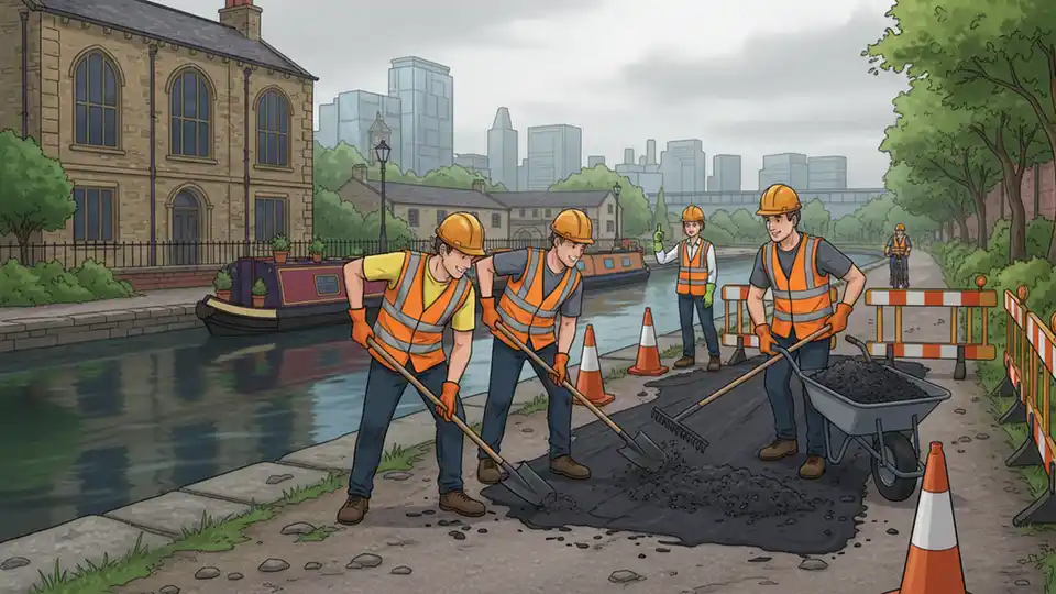 Construction workers resurfacing a canal towpath with tar and stone chipping, showing improvement work in progress along waterway