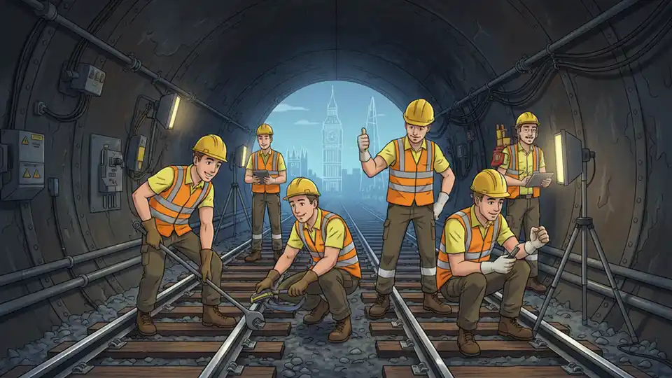 Transit workers performing track maintenance on London Underground line