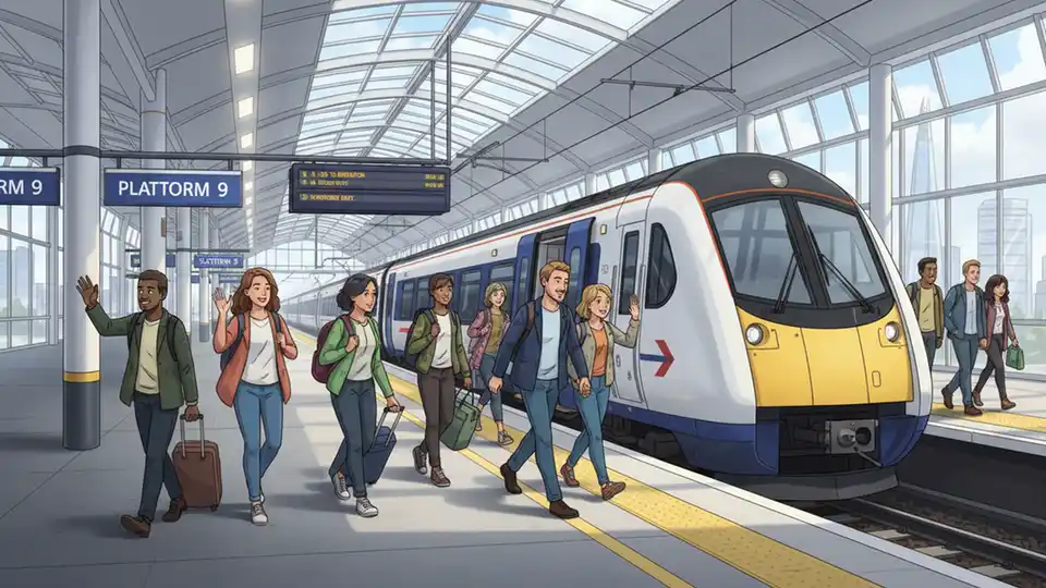 Platform 9 at London Bridge railway station with normal train operations and passengers boarding