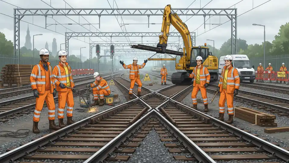 Railway track maintenance work with Network Rail workers installing switches and crossings at junction