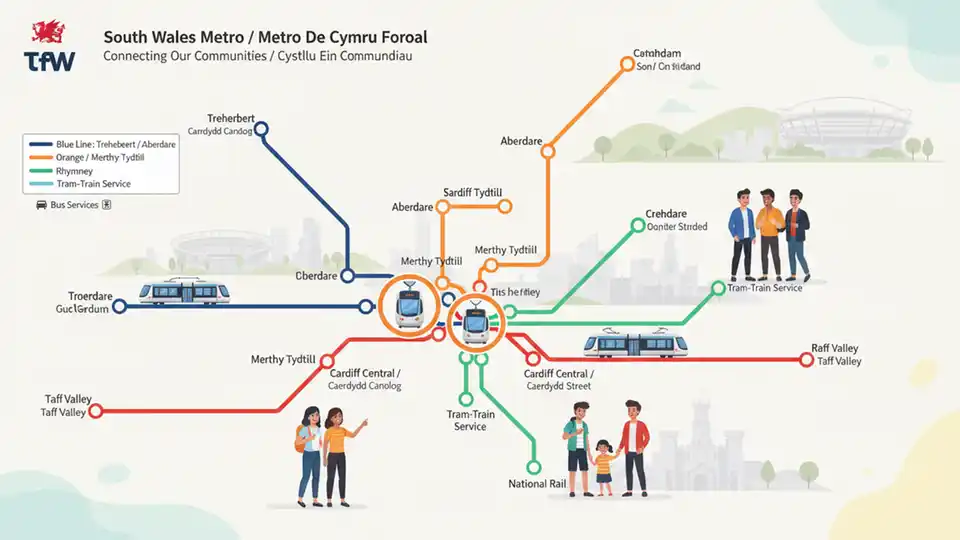 South Wales Metro route map showing Cardiff connections to valley communities with tram-train infrastructure