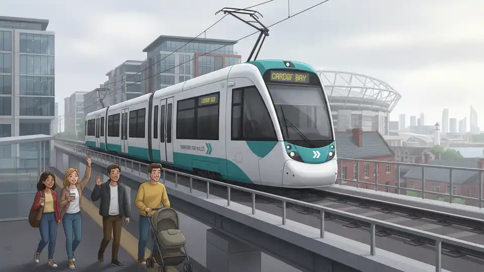 Modern tram-train vehicle on South Wales Metro tracks with Cardiff cityscape in background
