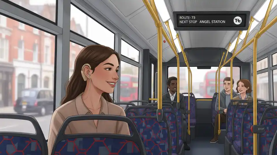 Passenger wearing hearing aid or headphones on London bus interior, showing modern bus seating and digital display screens with route information