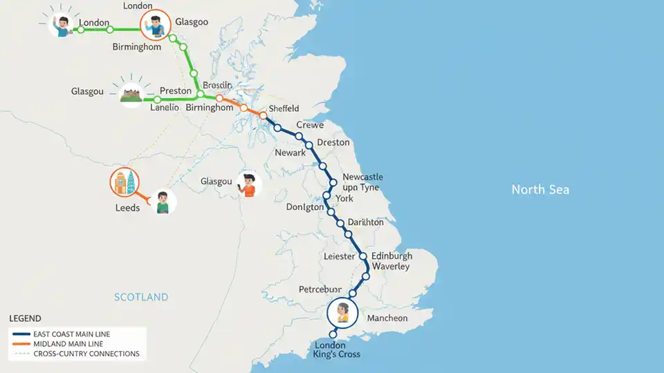 UK rail network map showing East Coast Main Line route from London to Scotland with alternative routes highlighted
