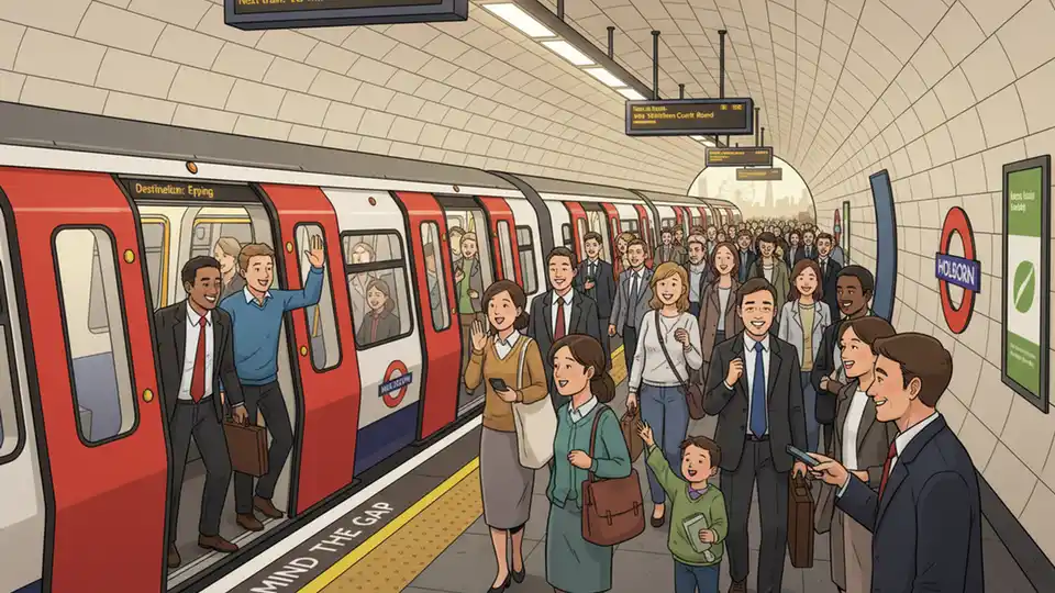 London Underground train at platform with commuters boarding during rush hour