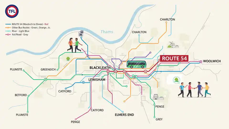 London bus route map showing southeast London area including Woolwich, Charlton, Blackheath, Lewisham, and Elmers End with route 54 highlighted