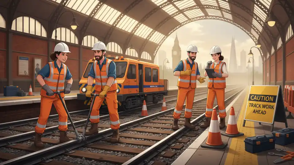 Network Rail engineering crew performing track maintenance work at London railway station