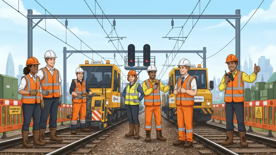 Network Rail engineering crew working on railway tracks with safety equipment and maintenance vehicles