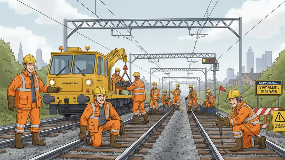 Network Rail engineering work on railway tracks with maintenance equipment and workers in high-visibility gear