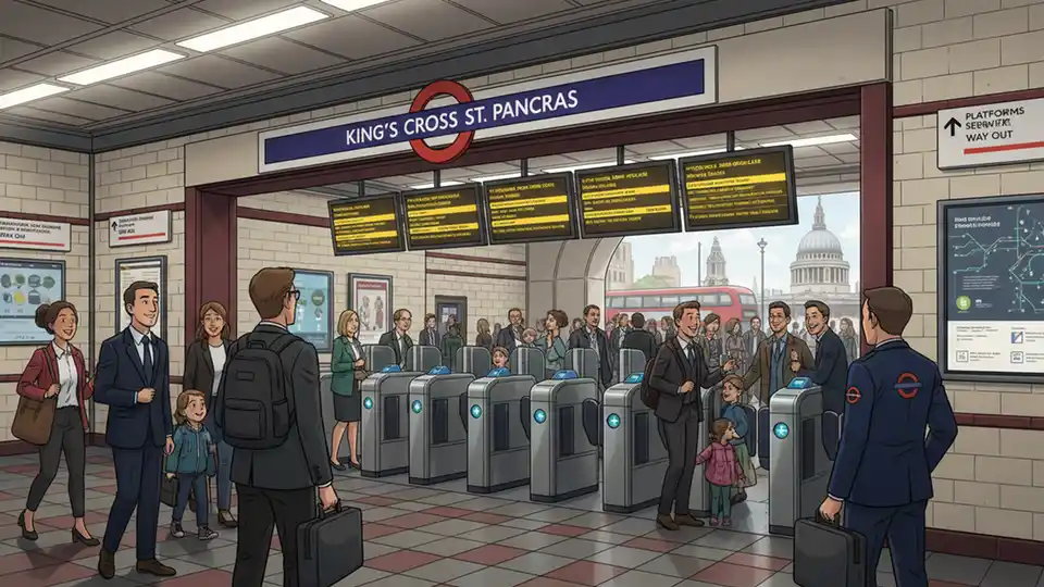 London Tube station entrance with commuters checking service information boards