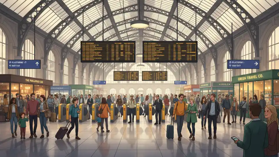 London Victoria railway station concourse with passengers and departure boards showing diverted train services