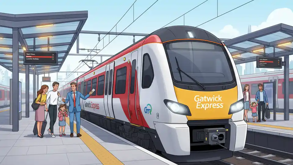 Gatwick Express train at station showing GTR branding and modern rail infrastructure in South East England