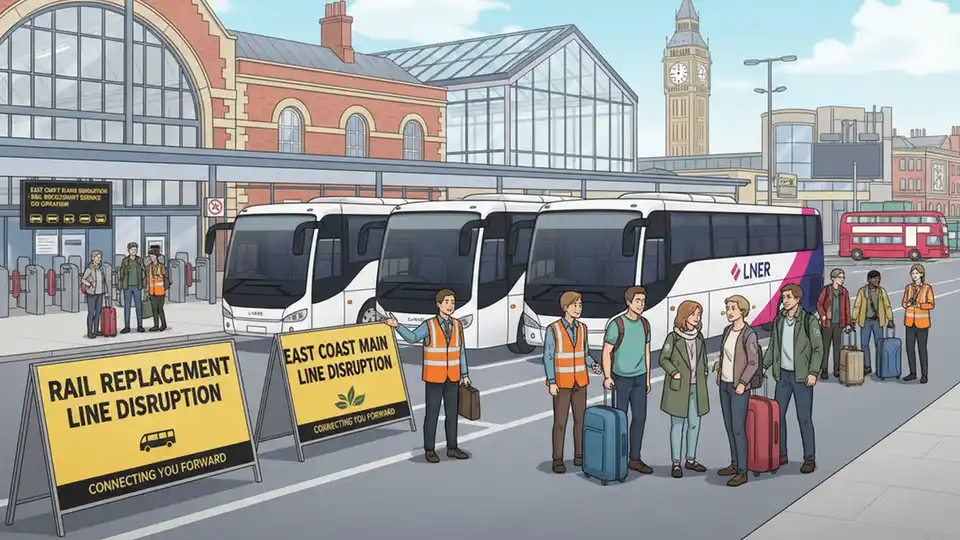 Rail replacement bus service at station during East Coast Main Line disruption