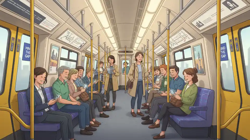 Interior of London Underground train car with passengers during commute
