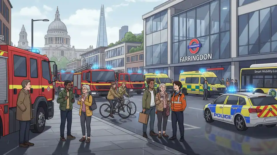 Emergency services vehicles outside Farringdon station in central London with passengers evacuated to street level
