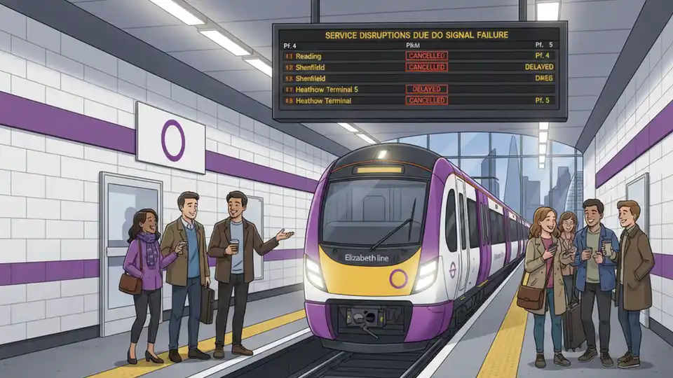 Elizabeth line train at platform with electronic departure board showing service disruptions and cancellations