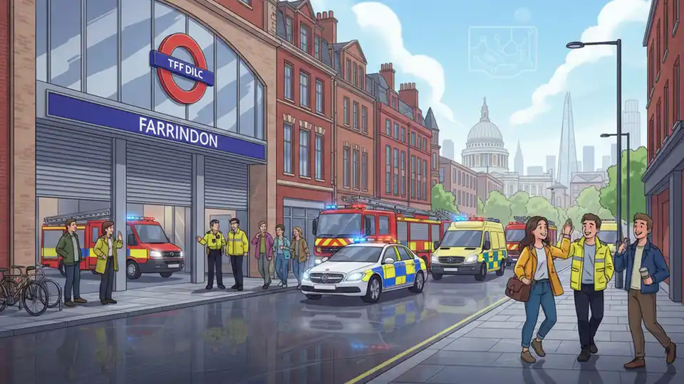 Farringdon station entrance with closed gates and emergency service vehicles parked outside during evacuation