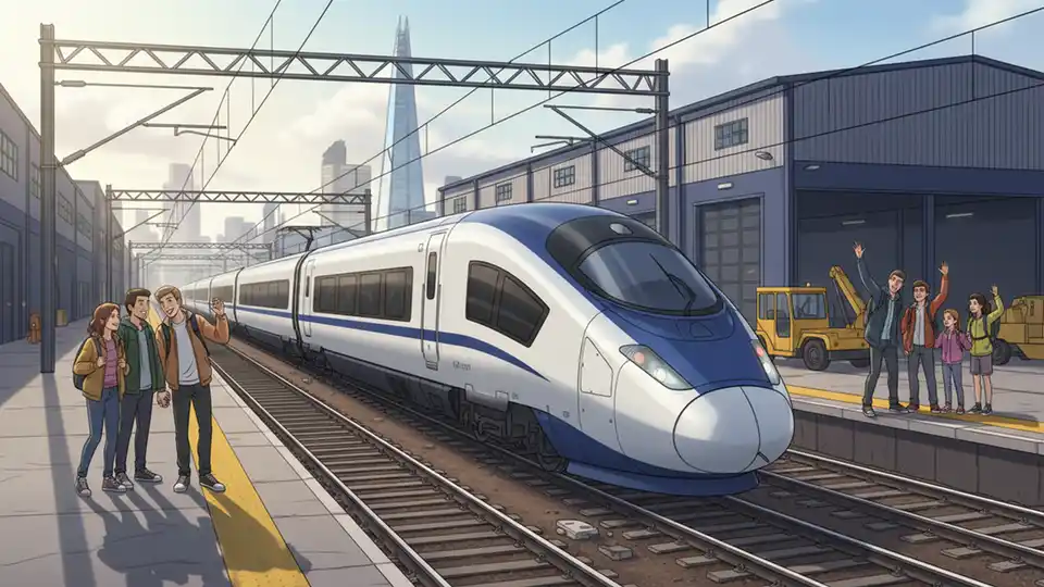 Modern high-speed train at international rail depot with maintenance facilities in background