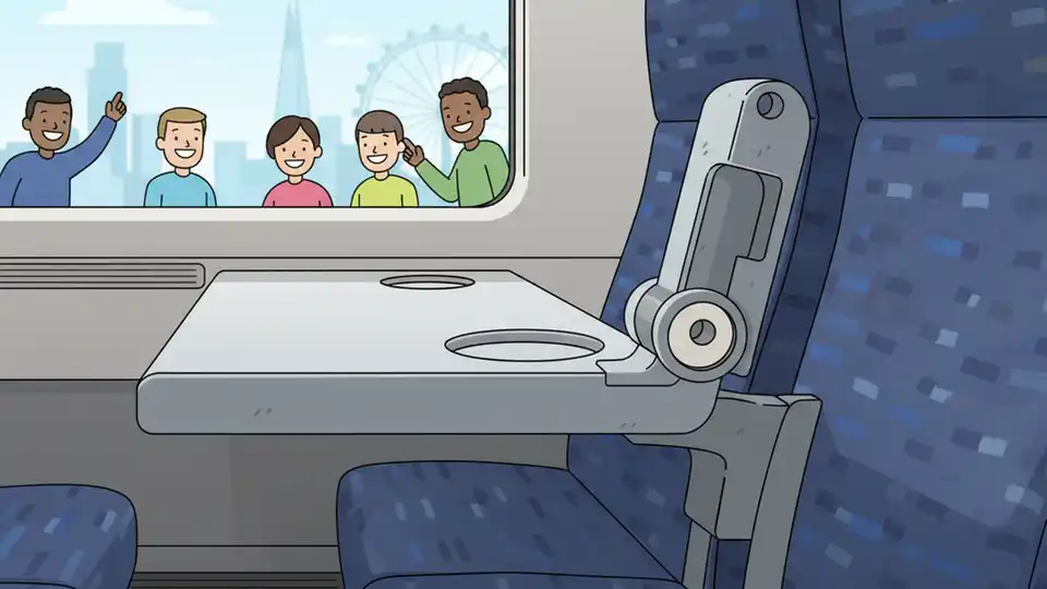 Close-up of train seat-back tray table mechanism showing nylon bush component installation on Southern Railway Electrostar interior