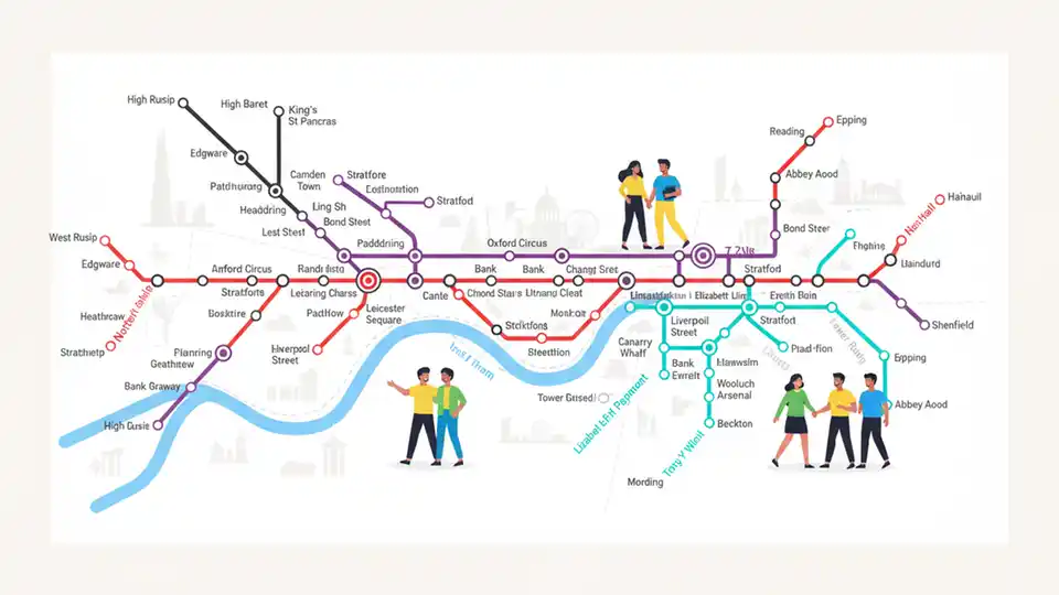 London transport network map showing Central, Northern, Elizabeth lines and DLR routes across Inner London