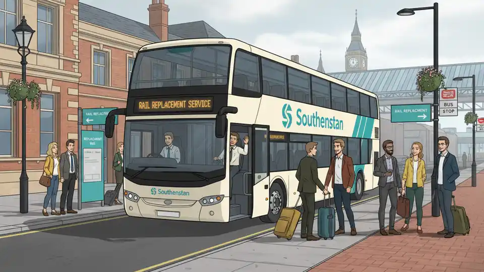 Rail replacement bus at station stop with Southeastern branding and passengers boarding
