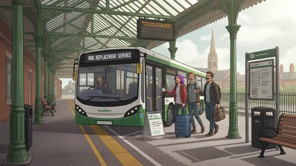 Rail replacement bus at station platform with passengers boarding during Brighton Main Line service suspension in West Sussex