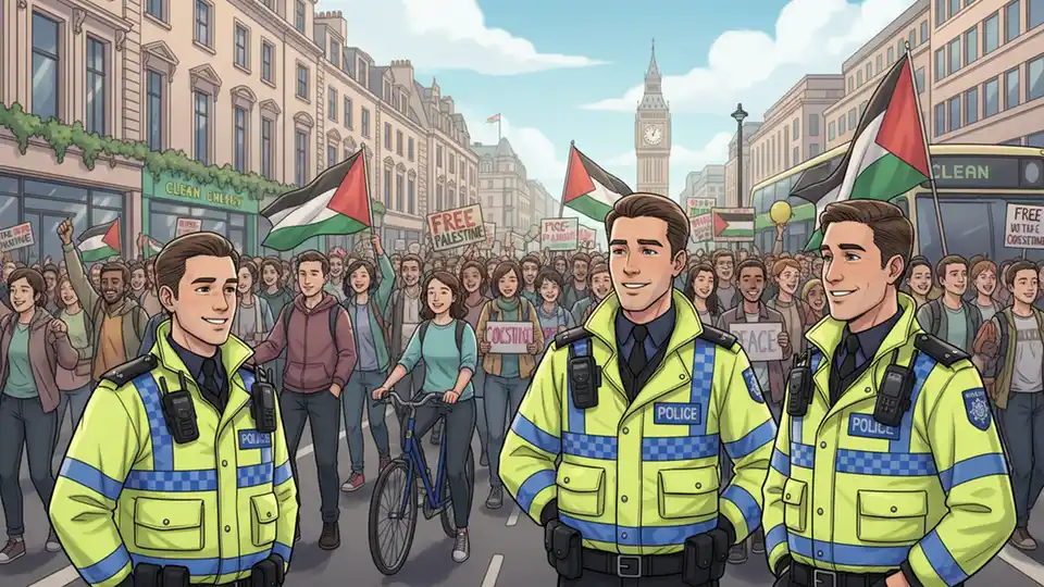 Metropolitan Police officers monitoring a pro-Palestine demonstration in London with crowd in background
