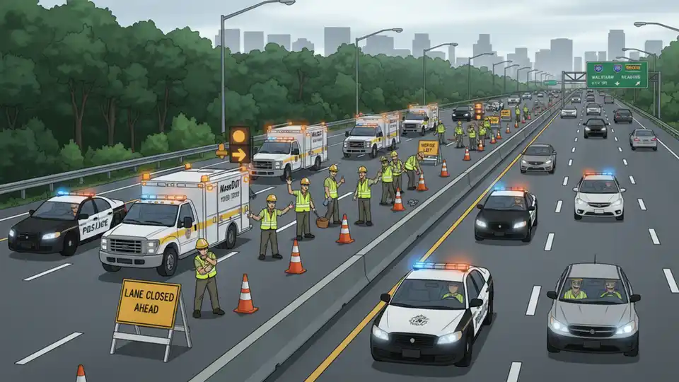Emergency response vehicles and cleanup crews working on highway shoulder with traffic cones and lane closures visible on Route 128