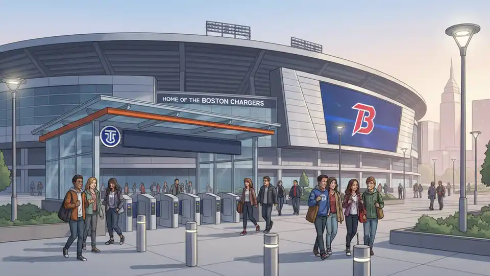 Modern stadium exterior with transit station entrance and fare gates in foreground
