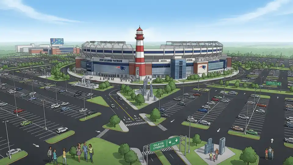 Gillette Stadium exterior with surrounding parking areas and access roads in Foxborough, Massachusetts