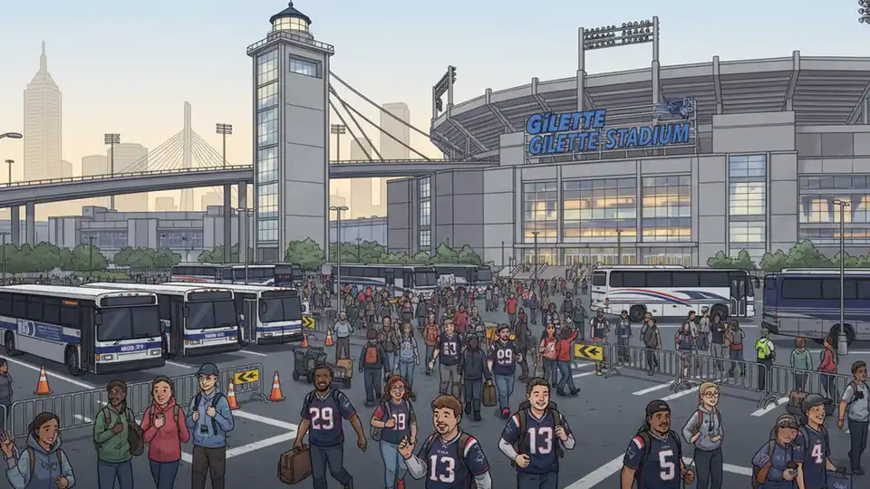 Gillette Stadium exterior with transit buses and passenger drop-off area during major sporting event