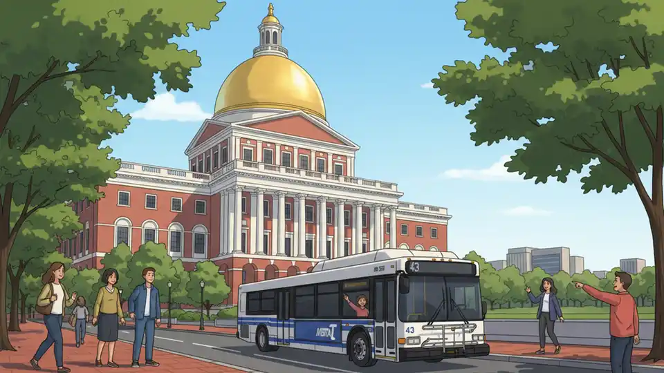 Massachusetts State House building with MBTA bus passing in front, representing state-level transit policy decisions