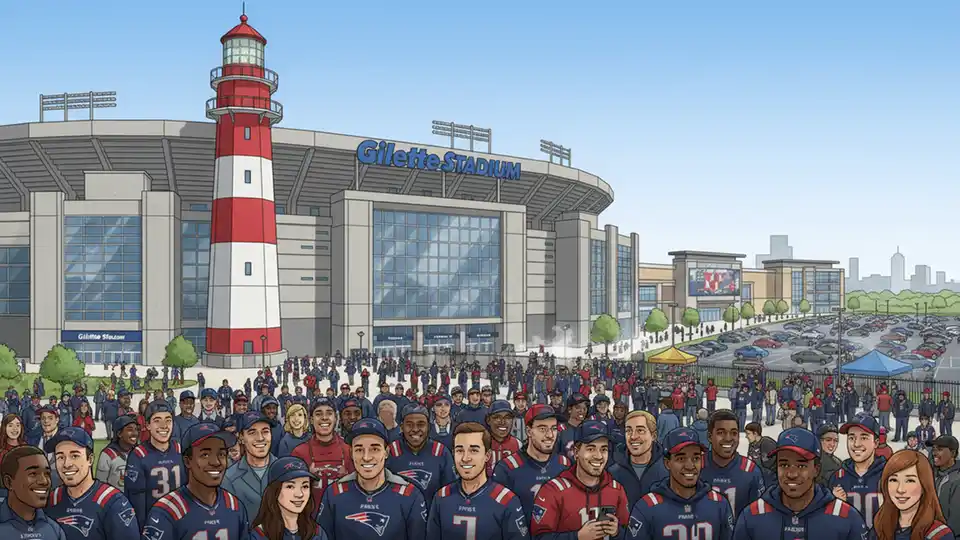 Gillette Stadium exterior with crowd gathering near entrance gates on event day