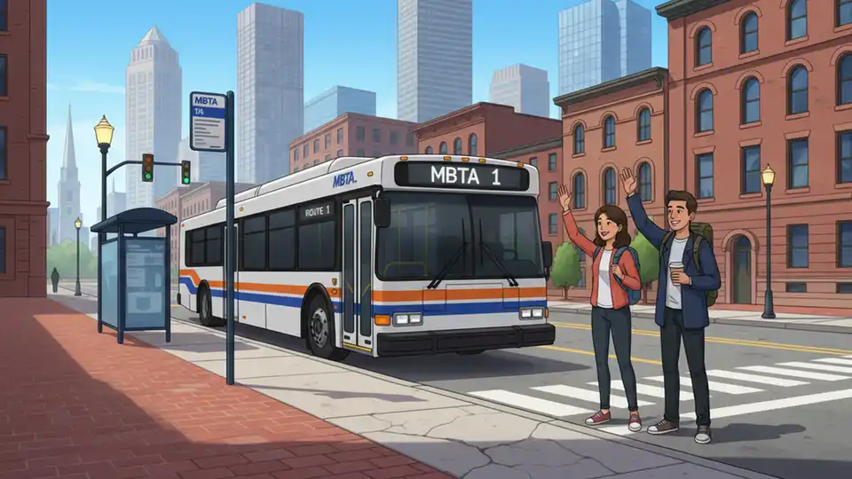Boston MBTA bus at stop near downtown with city skyline visible in background