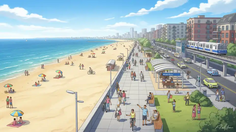 Revere Beach waterfront with crowd gathering space and public transit access visible