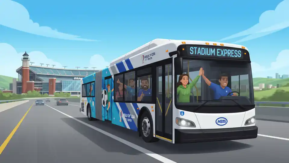 Stadium Express bus in MBTA livery on highway approaching Gillette Stadium, World Cup promotional graphics on bus exterior, clear blue sky background