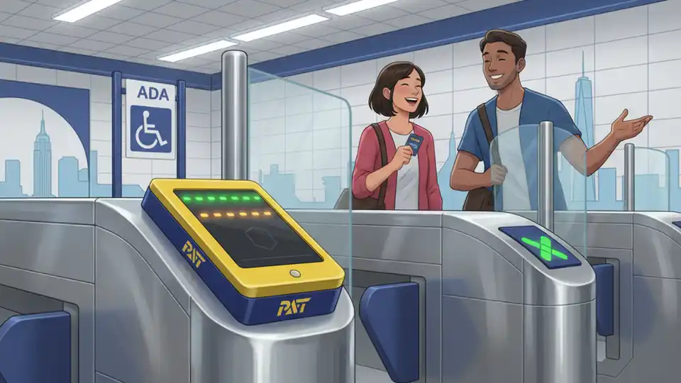Close-up of PATH fare card reader at turnstile with accessibility signage in background