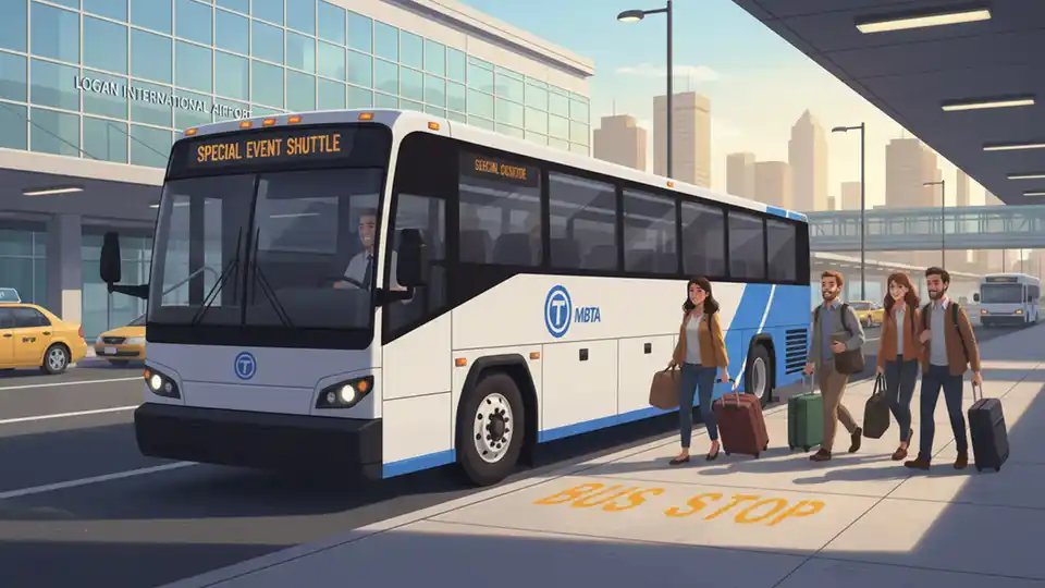 MBTA express bus at Logan Airport terminal with passengers boarding for special event service