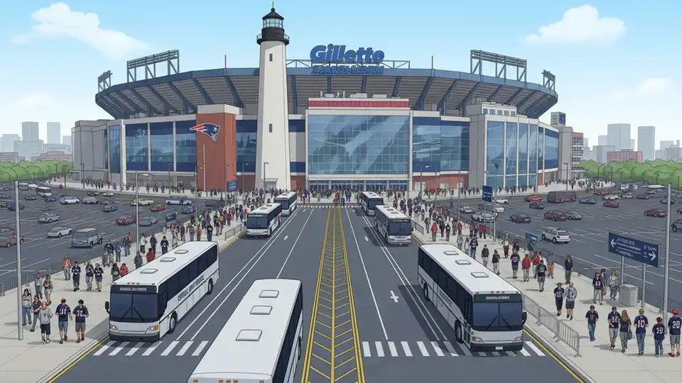 Gillette Stadium exterior with transit buses in dedicated lanes and crowds of fans arriving for major event