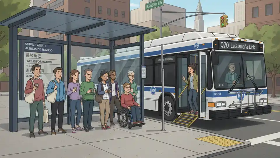MTA bus at city stop with passengers boarding, showing multilingual service information posted on bus shelter