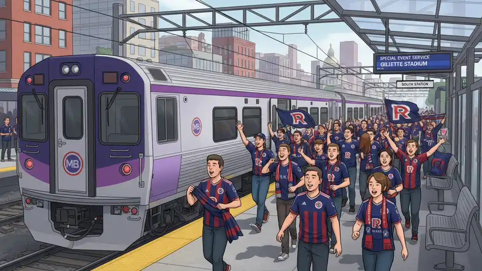 Commuter rail train at station platform with soccer fans boarding for special event service to Gillette Stadium