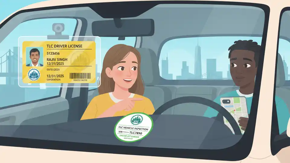 Taxi and Limousine Commission TLC license and inspection documentation for New York City rideshare driver