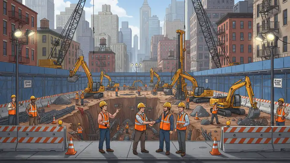 Construction site for New York subway expansion showing excavation equipment and workers at Second Avenue station location