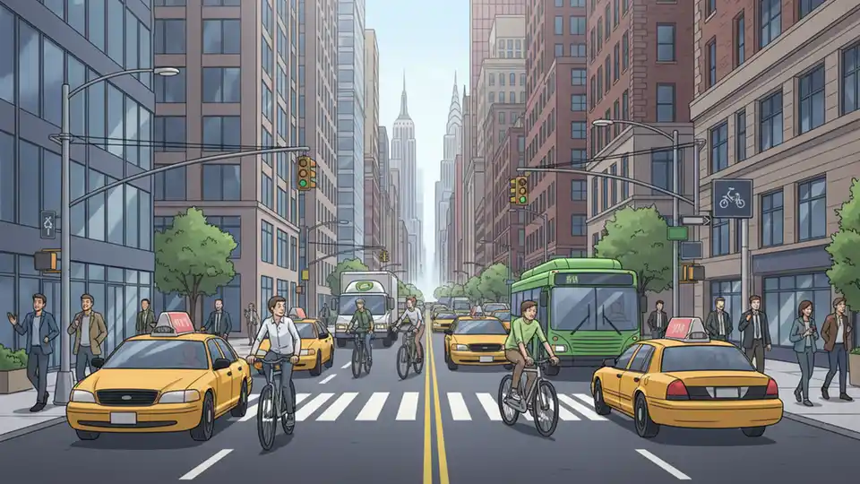 Manhattan street showing current four-lane traffic configuration with cyclists sharing road space with cars and trucks
