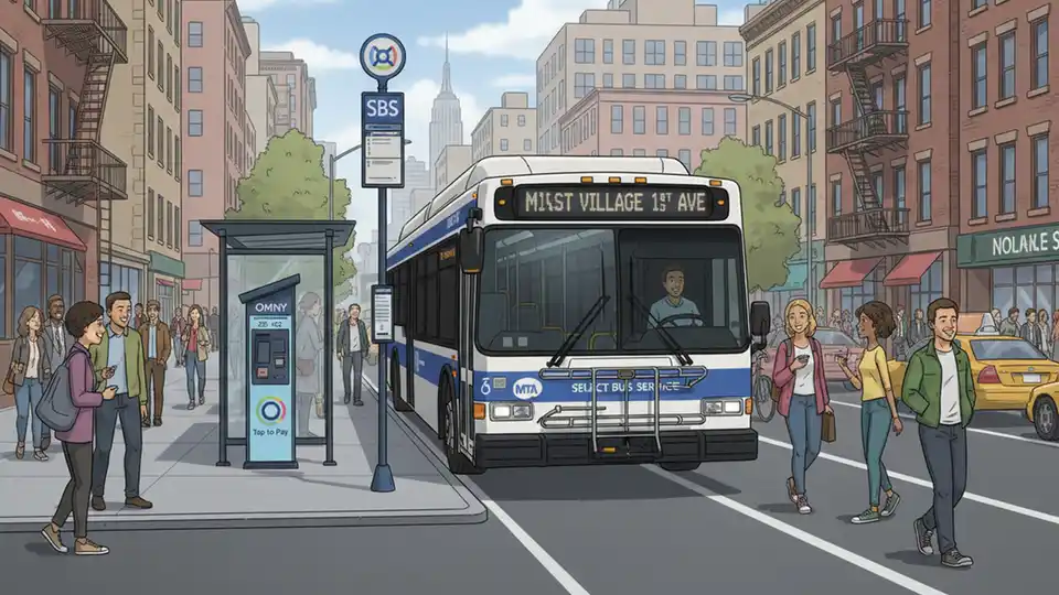 New York City MTA bus with Select Bus Service branding and OMNY payment system signage at busy urban stop