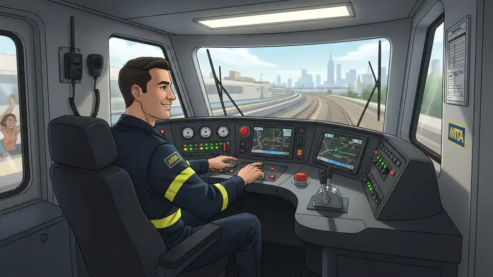 LIRR engineer in train cab operating controls with focus on dashboard and control panel