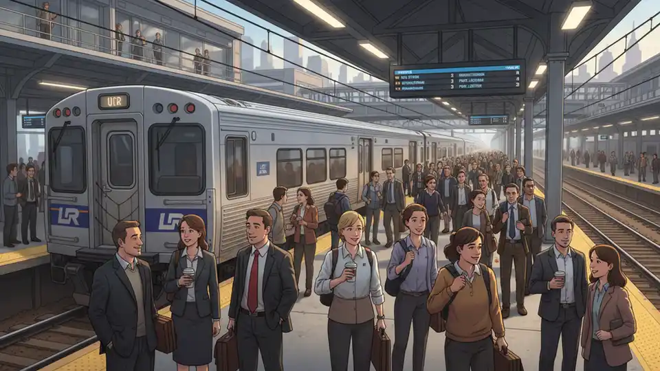 Long Island Rail Road train at Jamaica Station platform during morning commute with commuters waiting on platform