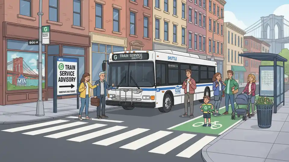 MTA shuttle bus at Brooklyn street corner with G train service sign visible