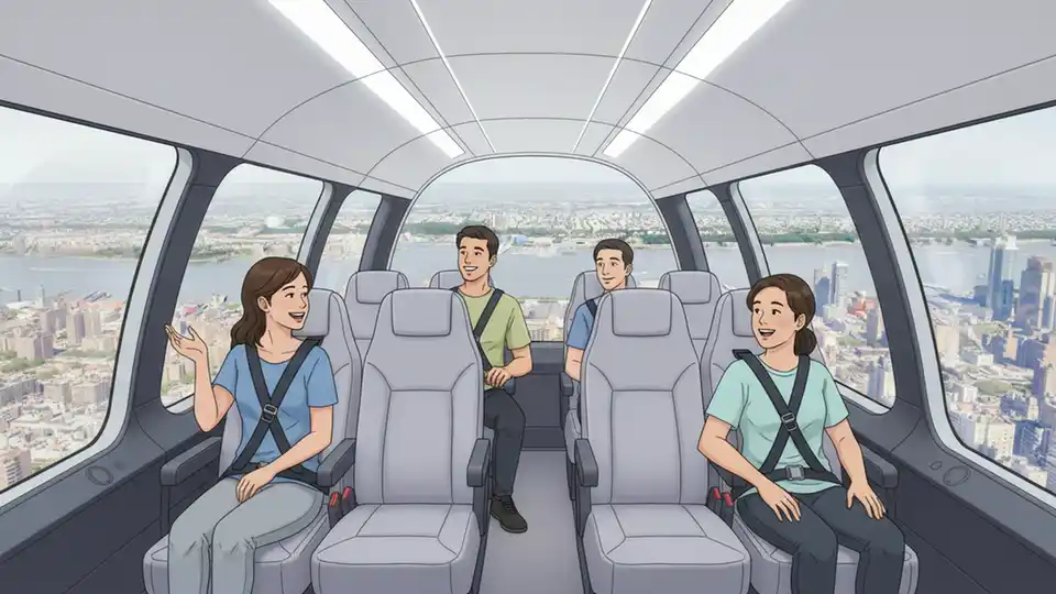 Interior view of Joby Aviation electric air taxi cabin showing passenger seating configuration and windows with aerial view of New York City during flight