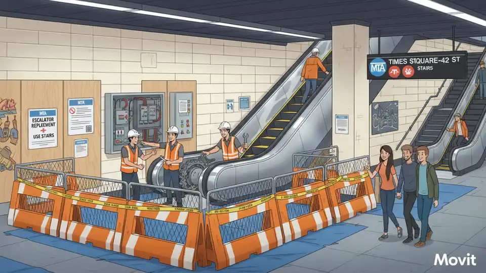 MTA escalator replacement work at subway station showing new equipment installation with construction barriers and workers